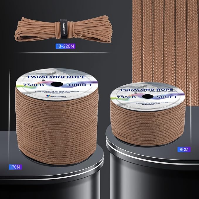 Paracordland-750LB Paracord Rope-100ft/500ft/1000ft- 9 Strand Parachute Spool Cord Heavy Duty String Ideal for Survival Gear Bracelet Camping Hikig Fishing-Wolf Brown-1000FT