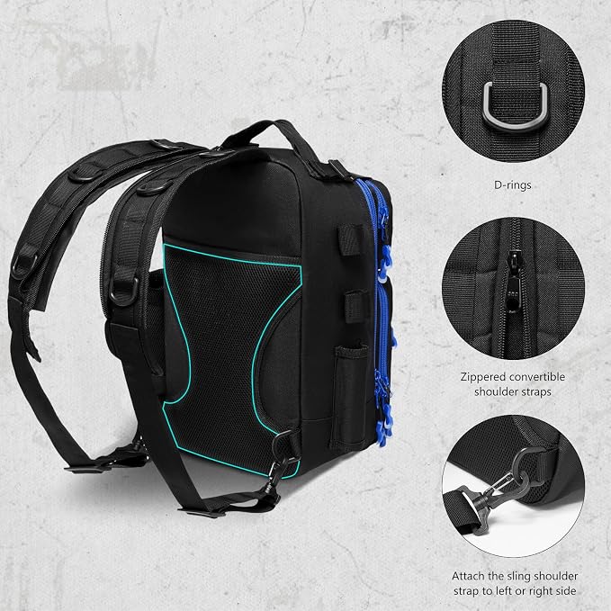 BASSDASH Convertible Fishing Backpack Sling Bag with Rod Holder, Adjustable Tactical Water-Resistant Tackle Storage Pack FP07