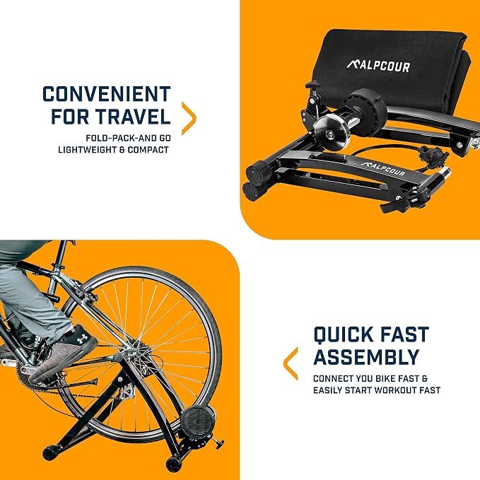 Bike Trainer Stand – Alpcour Portable Stainless Steel Indoor Trainer w/Magnetic Flywheel, Noise Reduction, 6 Resistance Settings, 2 Quick-Release Skewers & Bag – Stationary Exercise for All Bikes