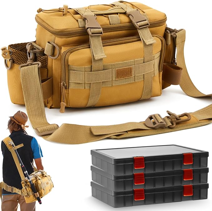 Fishing Tackle Bag with 3 Adjustable Tackle Trays Boxes Saltwater Freshwater Resistant Fishing Gear Lures Storage Bag Soft Side Outdoor Pack Organizer Padded Shoulder Strap