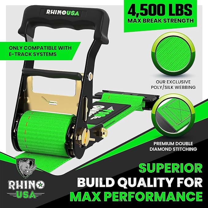 Rhino USA E Track Ratchet Tie Down Straps (4,500lb Break Strength) - Includes (4) Premium 2" x 16' eTrack Tie Downs - Ultimate Heavy Duty eTrack Cargo Strap System for Trailer, Truck, Motorcycle