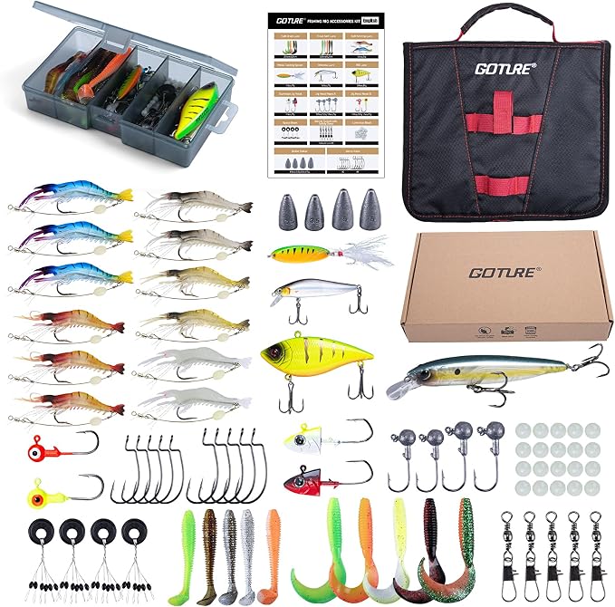 Goture Fishing Lures Kit, 78pcs Bass Fishing Kit Including Soft Plastic Baits, Minnow, Crankbaits, Hooks,Swivels,Sinker Weights, Soft Bait Bag, Freshwater Fishing Gear Bass Lure Set, Gifts of Men