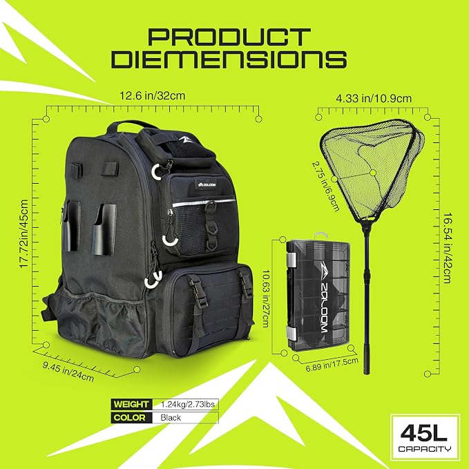 Waterproof Fishing Backpack with Tackle Boxes, Rod Holder & Foldable Net - 45L Fishing Tackle Bag with Trays Included, Extra Storage Gear and Equipment, Rain Cover, Fisherman Gift for Men