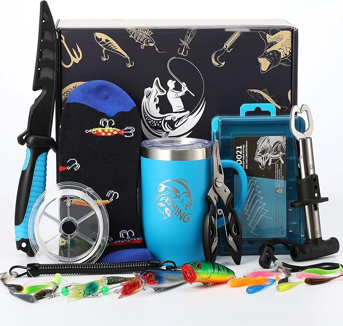 Patelai Fishing Gift Set for Men Dad Fishermen, 12 oz Insulated Tumbler, Fillet Knife, Fishing Pliers, Lanyard, Tackle Box, Fish Lip Gripper, Fish Lures, Socks, Line(Blue,Style 1)