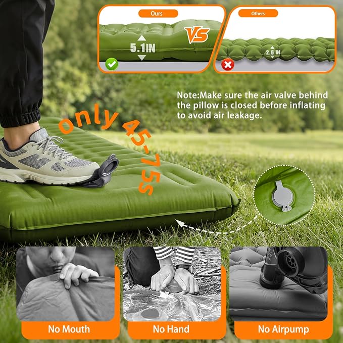 Camping Sleeping Pad, Extra Thick 5 Inch Self Inflating Camping Mat with Ultralight Sleeping Bag Liner Travel Sheet, Camping Pads with Pillow & Foot Pump for Outdoor Hiking, Backpacking, Travel(Green)