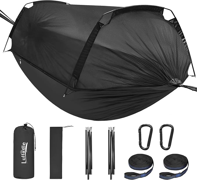 Lulladle Camping Hammock - 500lbs Capacity Portable Hammock with 2 Tree Straps and with Mosquito Net,Nylon Hanging Hammock Easy Setup and Pack for Outdoors Camping,Backpacking,Hiking - Double/Single