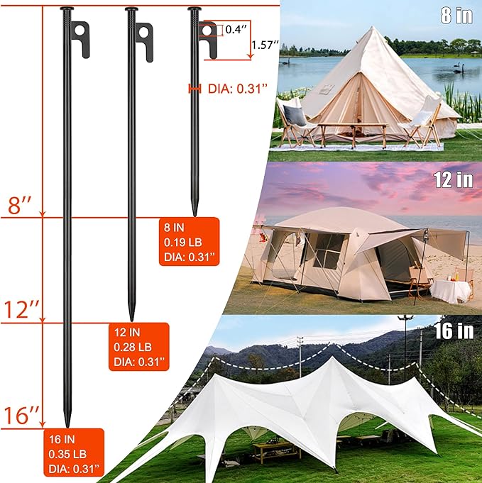 12 Pack Tent Stakes Heavy Duty Metal Tent Pegs for Camping Steel Tent Stakes 8 inch Unbreakable and Inflexible