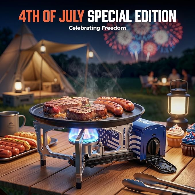 BIG HORN OUTDOORS Butane Camping Stove, Portable Folding Gas Burner with Carry Bag for Camping, Emergency Use, Outdoor Cooking & 4th of July Parties