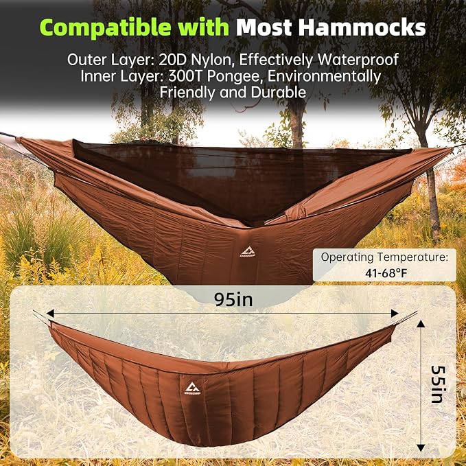 Hammock Underquilt for Camping - Full Length Orange Lightweight Warm Quilt for 3-4 Seasons (41-68°F) - Soft & Durable for Hiking, Backpacking, Beach, Travel - Holds Up to 500lbs