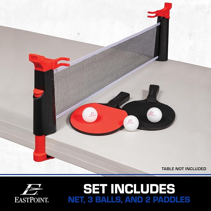 EastPoint Sports Everywhere Table Tennis Net & Paddle Set - Play Ping Pong Anywhere! Retractable Net Fits Most Tables Up to 60" Wide - 2 Table Tennis Paddles and 3 Ping Pong Balls, Red/Black