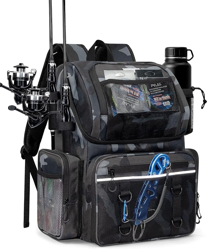 Fishing Backpack, Large Water Resistant Tackle Bag Storage Fishing Gear and Equipment, Built-in Cooler Compartment Khaki