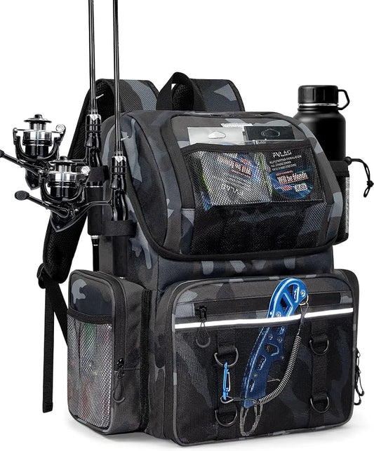 Fishing Backpack, Large Water Resistant Tackle Bag Storage Fishing Gear and Equipment, Built-in Cooler Compartment Khaki