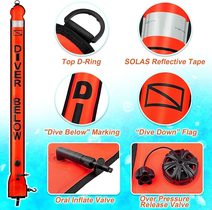 Surface Marker Buoy Scuba with Reel, 5ft High Visibility Diving Open Bottom Signal Tube Safety Sausage with Pouch Bag, 100ft ABS Dive Reel and Steel Double-Ended Bolt Snap (Hi-Vi Red)