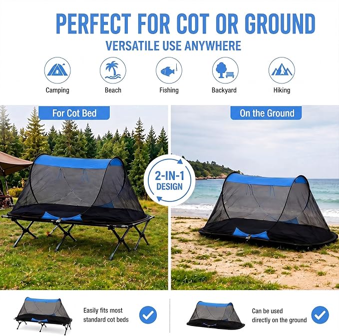 2 Pack Pop up Mosquito Tent for Camping 1 Person Instant Setup Foldable Bug Net Cot Tent with Ground Pin Portable Waterproof Screen Net for Cot Bed Hiking Summer Beach Outdoor