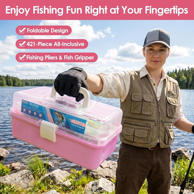 Fishing Lures Kit, 421PCS Tackle Box-(Pink) | Included Fishing Pliers, Hooks, Soft Baits, Weights,Accessories - Complete Freshwater Bass Fishing Gear Kit for Men with Gift