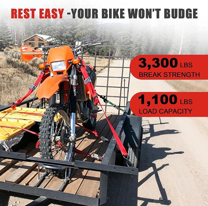 AWELCRAFT Motorcycle Tie Down Straps (2 Pack),3300lb Break Strength,1.5in x 8FT Steel Cambuckle Dirtbike Strap,Integrated Soft Loops & Double S-Hooks with Safety Clips,Lab Tested,Red