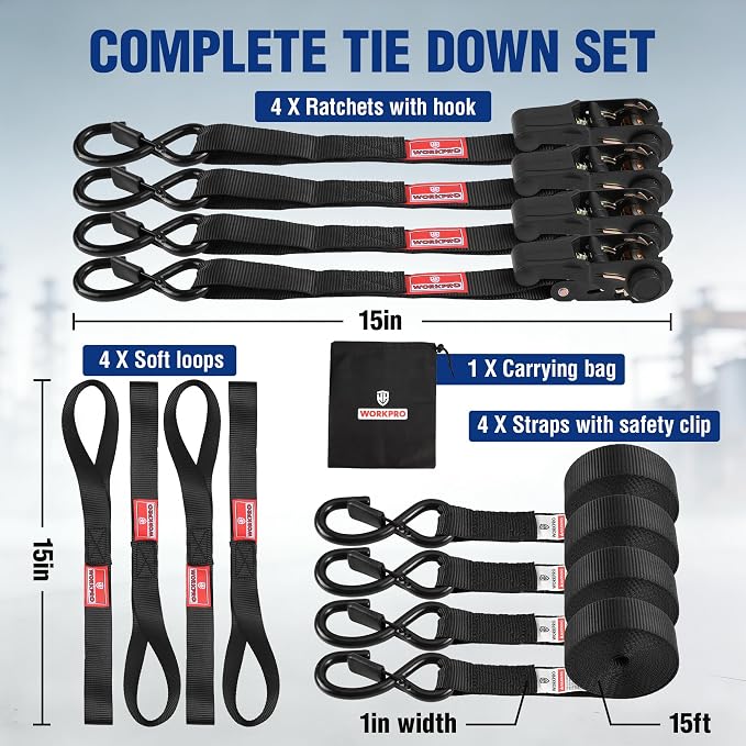 WORKPRO Ratchet Tie Down Straps, 4-Pack | 1" x 15' | 1823 lbs Break Strength Heavy Duty Ratchet Straps with 4PC Soft Loops, Fits for Moving Appliances Motorcycle ATV Truck (Black)