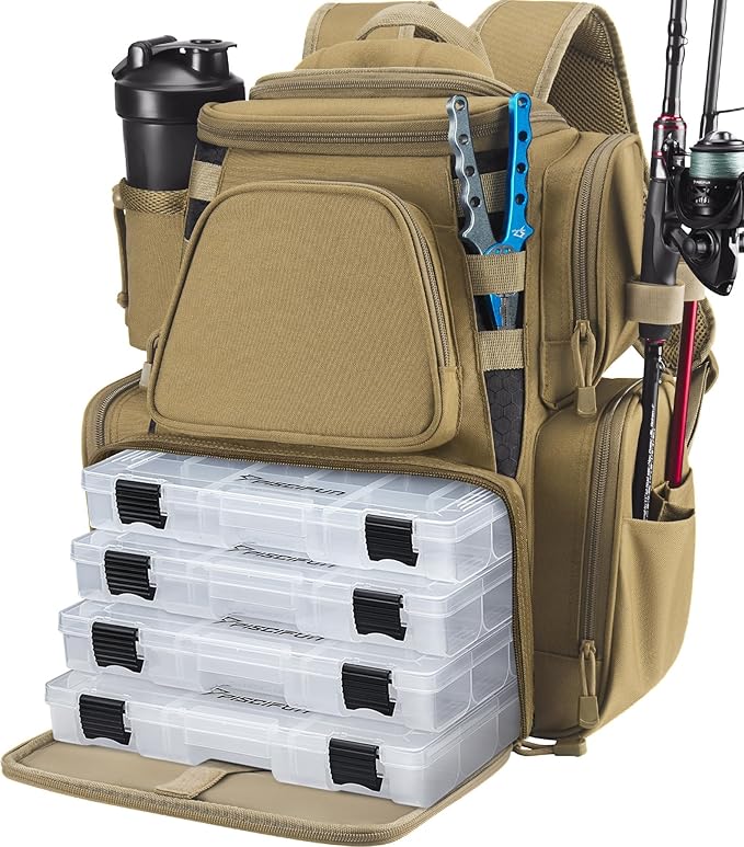 Piscifun Fishing Backpack with 2 Rod Holders & 4 Tackle Boxes, Large Tackle Storage Bag With Rain Cover for Fishing Gear