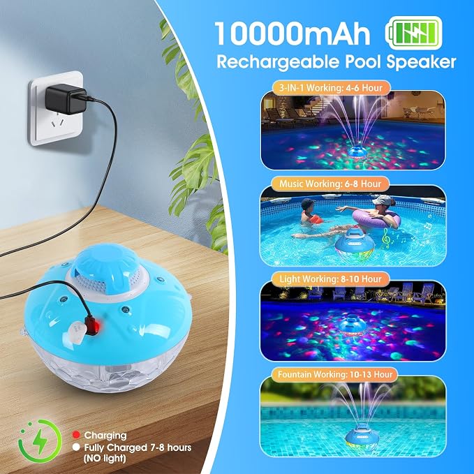 Bluetooth Pool Speaker w/Colorful Pool Fountain Light, 3 in 1 Floating Pool Speaker Loud Sound, IP68 Waterproof Floating Hot Tub Speakers, Bluetooth 5.4, 24H Playtime Pool Wireless Speakers