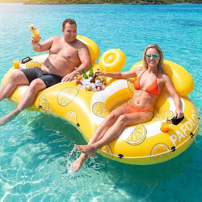 Pool Float Adult,2-Person Large Inflatable River Float, XL River Tubes for Floating Heavy Duty with Mesh Bottom, Comfortable Backrest & 2 Cup Holders & Durable Grab Handles,600 lbs Weight Capacity