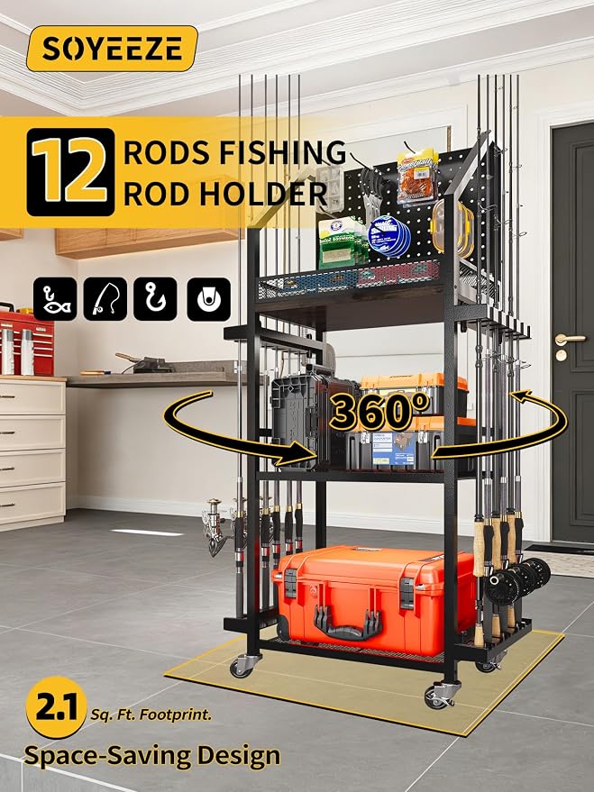 SOYEEZE Fishing Rod Holders for Garage, 3-Tier Fishing Pole Rack with Pegboard and Metal Mesh Fence, Fishing Gear Organizer with Hooks Up to 12 Rods, Rolling Fishing Storage Cart with Lockable Wheels
