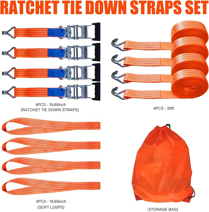 Ratchet Straps Heavy Duty 4Pcs 2.3" x 20ft with 4 Helper Tie Down Ratchet Straps and Storage Bag, Galvanized Zinc Double J Hook for Trailer, Truck, Motorcycle, Cargo Moving - Orange