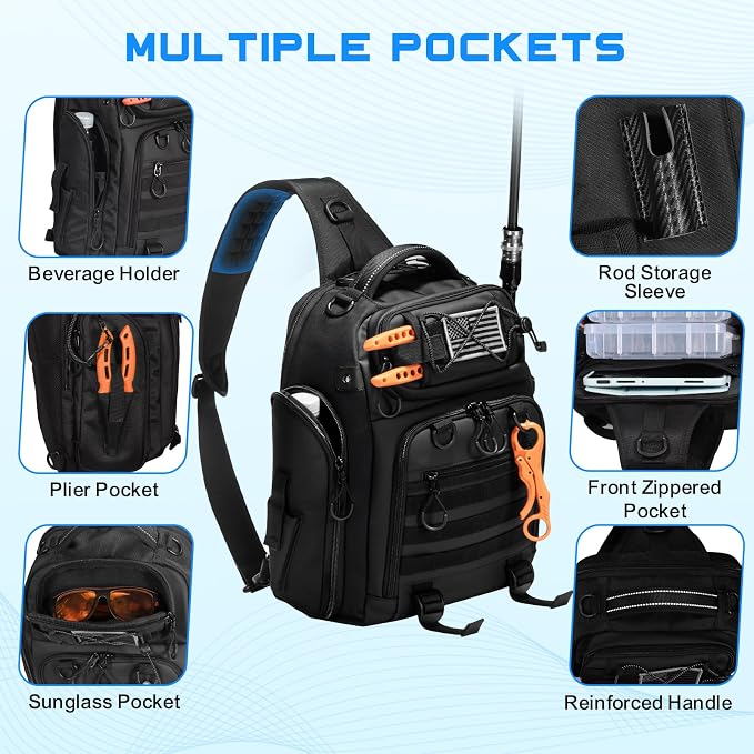 18L Fishing Sling Bag with Removable Lure Wraps and Rod & Beverage Holder, Tackle Bag for Fishing Gear