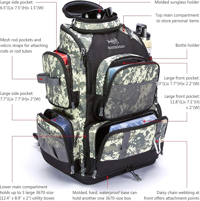 BASSDASH Fishing Tackle Backpack Water Resistant Tactical Bag Soft Tackle Box with Rod Holder and Protective Rain Cover