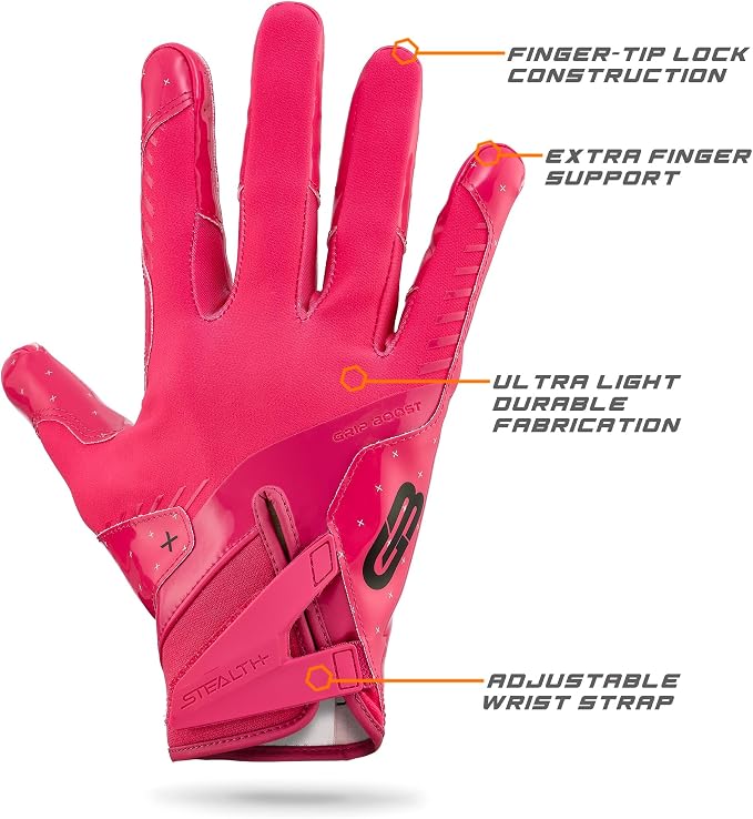 Grip Boost Football Gloves - Solid Stealth 6.0 Boost Plus Sticky Technology - Adult and Youth Football Gloves for Wide Receiver - Men's and Boys Sizes