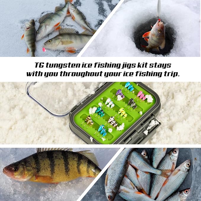 Tungsten Ice Fishing Jigs Kit, 3.2/4/5mm Glow in Dark Tear Drop Ice Fishing Lure Jigs with Waterproof Two-Sided Jig Box Assortment 20/24/30