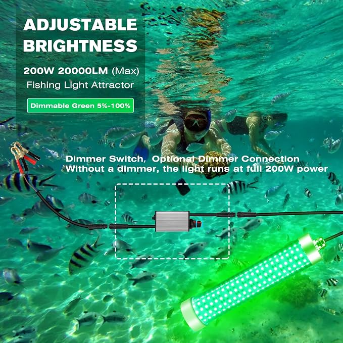 F3 Dimmable Green Underwater Fishing Light 110V&12V / 200W 20000LM Fish Light Attractants for Crappie Squid Shrimp Snook Bass at Night, with 5%~100% Brightness Dimmer(33FT Cable)