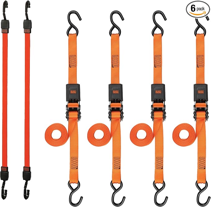 BLACK+DECKER 6-Piece Light-Duty Ratchet Tie-Down and Bungee Strap Kit | 1" x 12' Light-Duty Ratchet Straps, 1,500 lbs Break Strength, 48" Flat Bungee Straps, Kit for Securing Lightweight Cargo