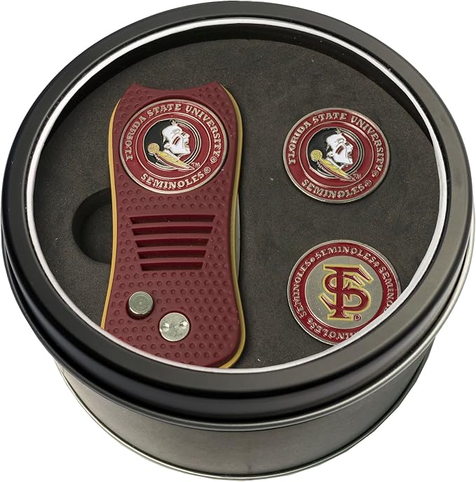 Team Golf NCAA Gift Set Switchblade Divot Tool with 3 Double-Sided Magnetic Ball Markers, Patented Single Prong Design, Causes Less Damage to Greens, Switchblade Mechanism