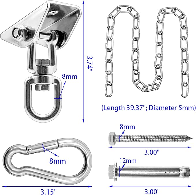 Hammock Hanging Kit with Swing Chain 39inch, 1000lbs Capacity Hanging Hooks Heavy Duty 360° Swivel for Yoga, Chair, Tree, Indoor & Outdoor Gym