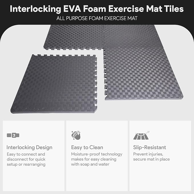 BalanceFrom Puzzle Exercise Mat 1" Thick, EVA Interlocking Foam Floor Tiles for Home Gym, Mat for Home Workout Equipment, Floor Padding for Kids, Gray, 24 in x 24 in x 1 in, 24 Sq Ft - 6 Tiles