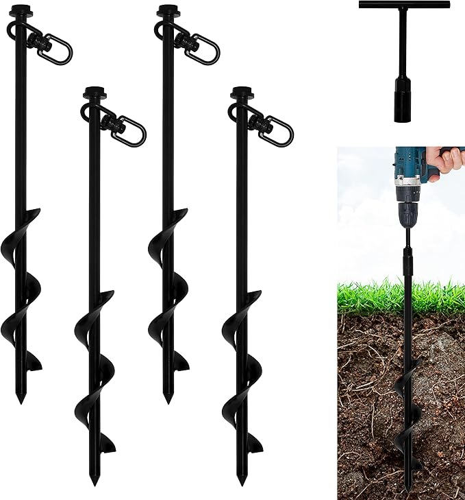 16” Ground Anchors (4pcs) Easy to Use with Drill, Heavy Duty Anchor Hook for Camping Tent, Canopies, Car Ports, Sheds, Swing Sets, Securing Animals – Black Powder Coated