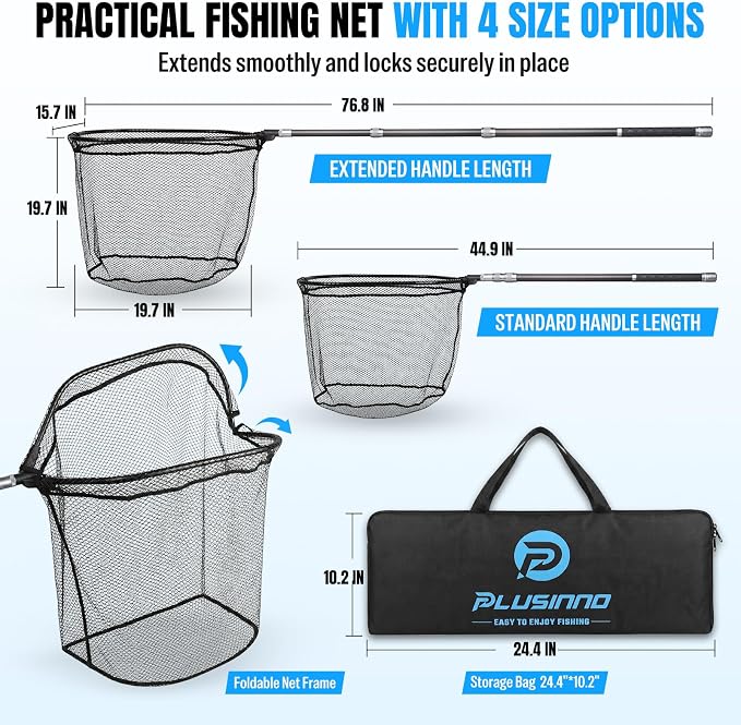 PLUSINNO Large Fishing Net, 3.4-7.7 FT Carbon Fiber Fish Net with Long Telescoping Handle, Kayak Fishing Gear Accessories Foldable Landing Net for Bass, Trout, Catfish, Fishing Gifts for Men Father