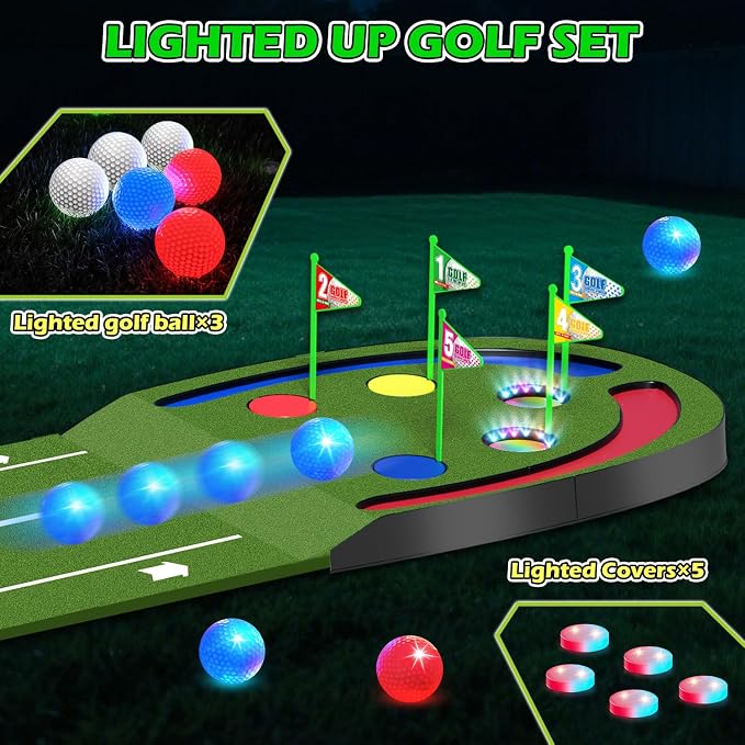 VATOS Golf Putting Mat Indoor for Kids - Golf Game Set with LED Balls, Glow Holes, Irons & Putters, Portable Putting Green Outdoor for Home Backyard Party, Golfs Toy Gifts for Kids 6-14