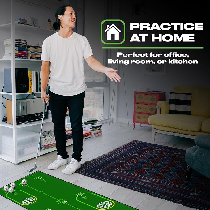 BACK 2 BASICS Golf Portable Putting Green Indoor Golf Putting Mat 10ft, Alignment Aid Trainer for Practice Indoor and Outdoor, Home or Office Compact Roll Target Gate Precision Control Tool