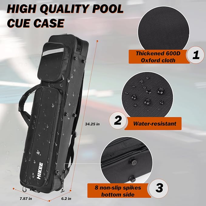 Hikeen Premium Pool Cue Case,4 X 4 Pool Stick Case with Soft Velvet Lining Holds 4 Butts and 4 Shafts with Multi-Front Pocket for Billiard Accessories - Adjustable Shoulder Straps