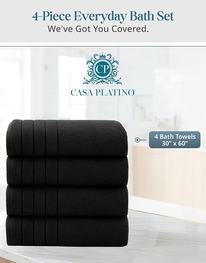 Casa Platino 100% Cotton Bath Towels 4 Pack (30"x60") - Ring Spun Mercerized Cotton Large Towel Set for Bathroom - Quick Dry, Soft & Absorbent Large Bath Towel Set - Oeko Tex Certified - Black Towels
