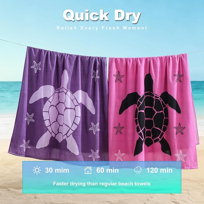 Jessy Home Microfiber 4 Pack Beach Towel Set, 40x70in Oversized Beach Towel, Quick-Dry Sand-Free Highly Absorbent Swim Towel, Soft Pool Towel, Marine Mixed Prints of Starfish & Sea Turtle for Vacation