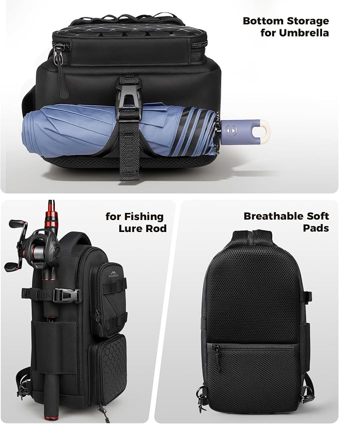 MATEIN Fishing Sling Bag with Lure Rod Holder & Phone Pouch, Waterproof 3600 Tackle Box Backpack with Removable Bait Binder
