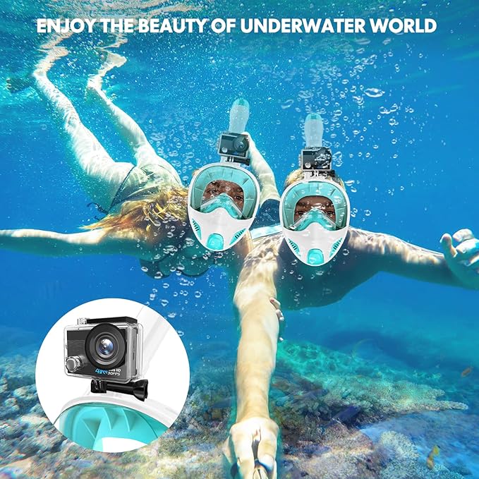 Full Face Snorkel Mask for Adults Teen, Snorkeling Gear with Detachable Camera Mount, Panoramic 180° View, Anti-Fog Anti-Leak Snorkling Set for Man and Women