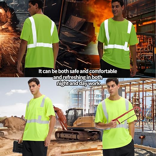 sesafety 3PACK High Visibility Shirts for Men, Class 3 Hi Vis Reflective Construction Shirts for Men with Pocket Safety T Shirts