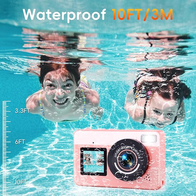 Underwater Digital Camera - MaxMango 10 FT Waterproof Floating Camera with 32GB Card, Dual Screen Selfie Camera for Snorkeling, Swimming, Skiing, 48MP 18X Autofocus Compact Point and Shoot Digital