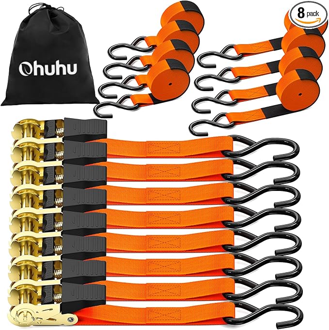 Ratchet Tie Down Strap 8-Pack 15 Ft - 500 lbs Load Cap with 1500 lbs Breaking Limit, Ohuhu Ratchet Tie Downs Logistic Cargo Straps for Moving Appliances, Motorcycle, Orange