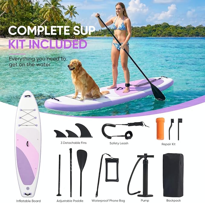 Inflatable Stand Up Paddle Board 10'6" x 33" x 6", 350 LBS Capacity Beginner-Friendly SUP Board with Paddle, Pump, Backpack, Leash, Waterproof Phone Bag and 3 Fins for Lake, Ocean or River Fun