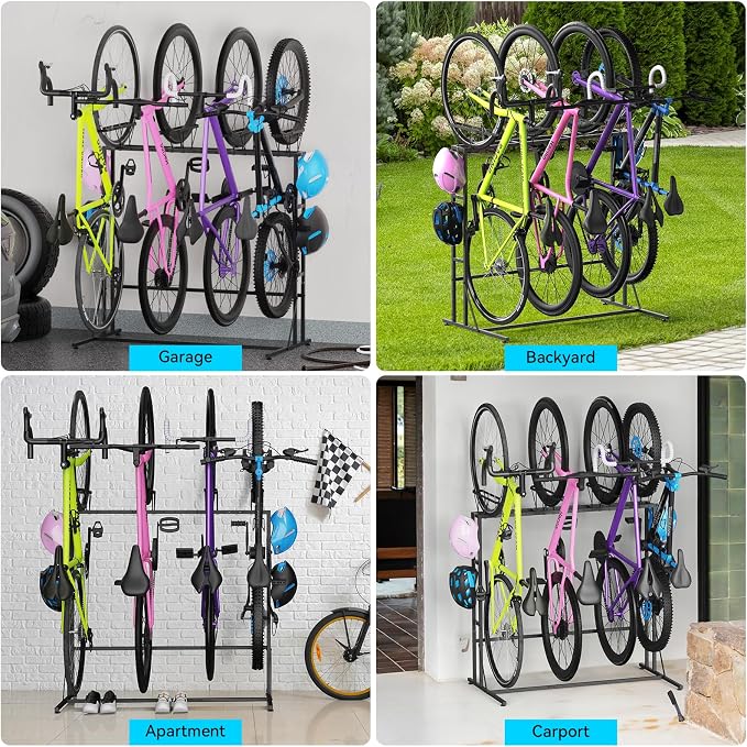 YBING Freestanding Bike Rrack Garage - 4 Bikes Vertical Bike Storage Stand, Floor Stand Bike Racks for Home and Garage Organizer, Indoor, Outdoor