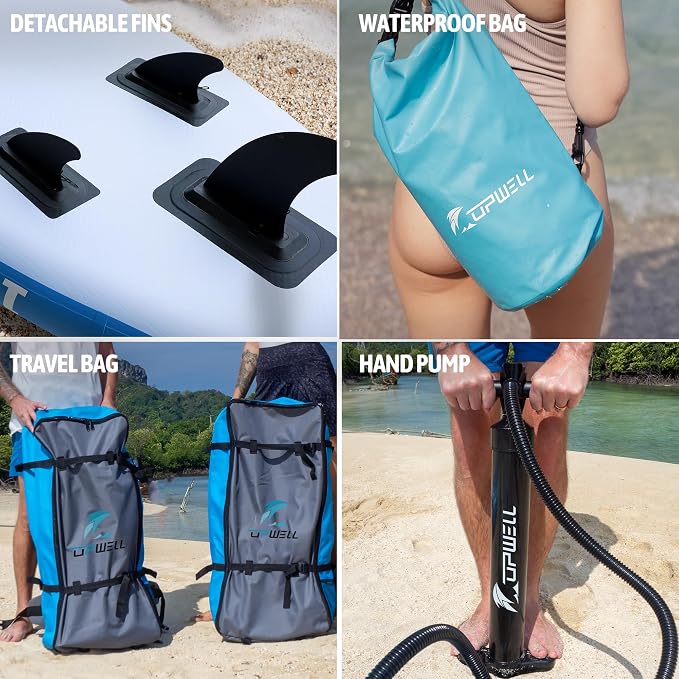 UPWELL 11’6”/11'2”/11'/10'8”/10'6”/10'2” Inflatable Stand Up Paddle Board with sup Accessories Including Backpack, Repairing Kits, Non-Slip Deck, Leash, 3 Fins, Paddle and Hand Pump
